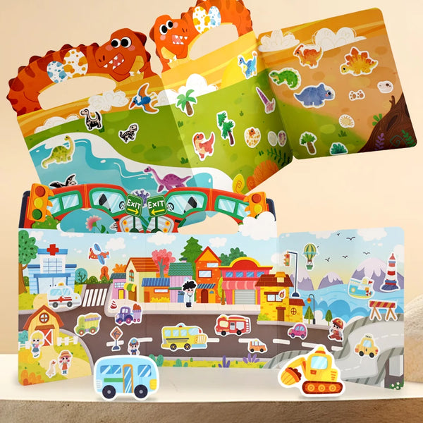 A colorful reusable children's sticker book featuring various animals, nature scenes, and vehicles.