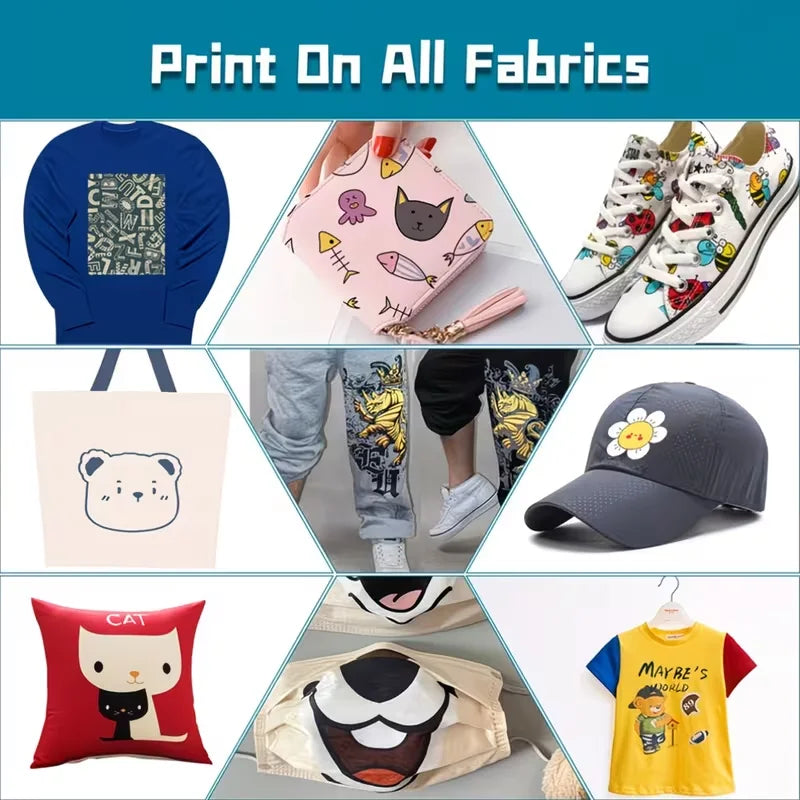 Various designs of custom iron-on heat transfer stickers printed on fabrics and clothing items.