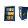 A dark blue wooden miniature bookshelf ornament with glass doors displaying books.