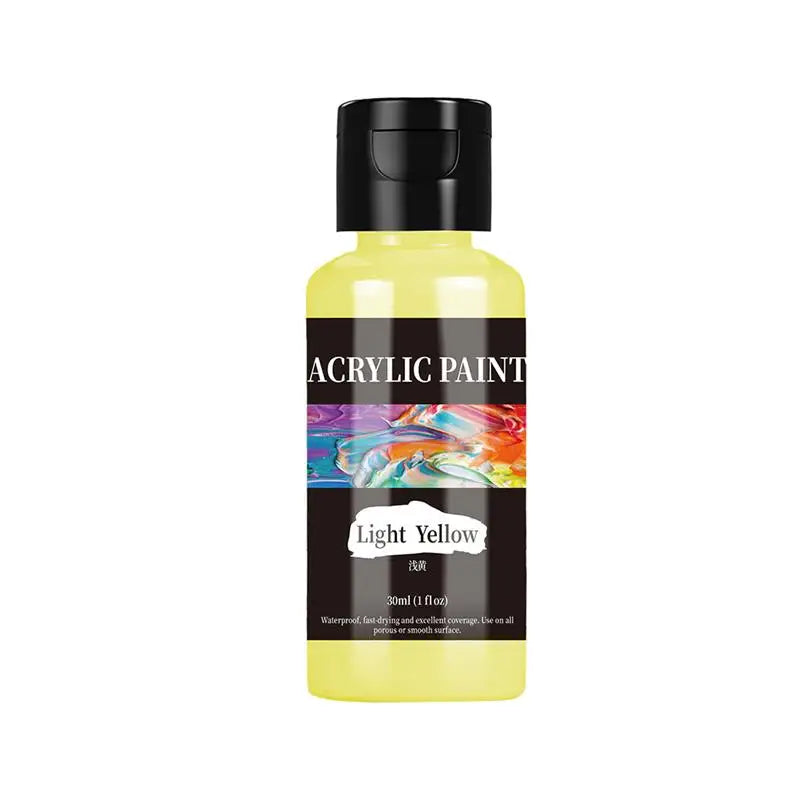 A bottle of Light Yellow acrylic paint with a black cap and label.