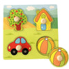 A set of wooden puzzles featuring a house, a tree, and a car for toddlers.