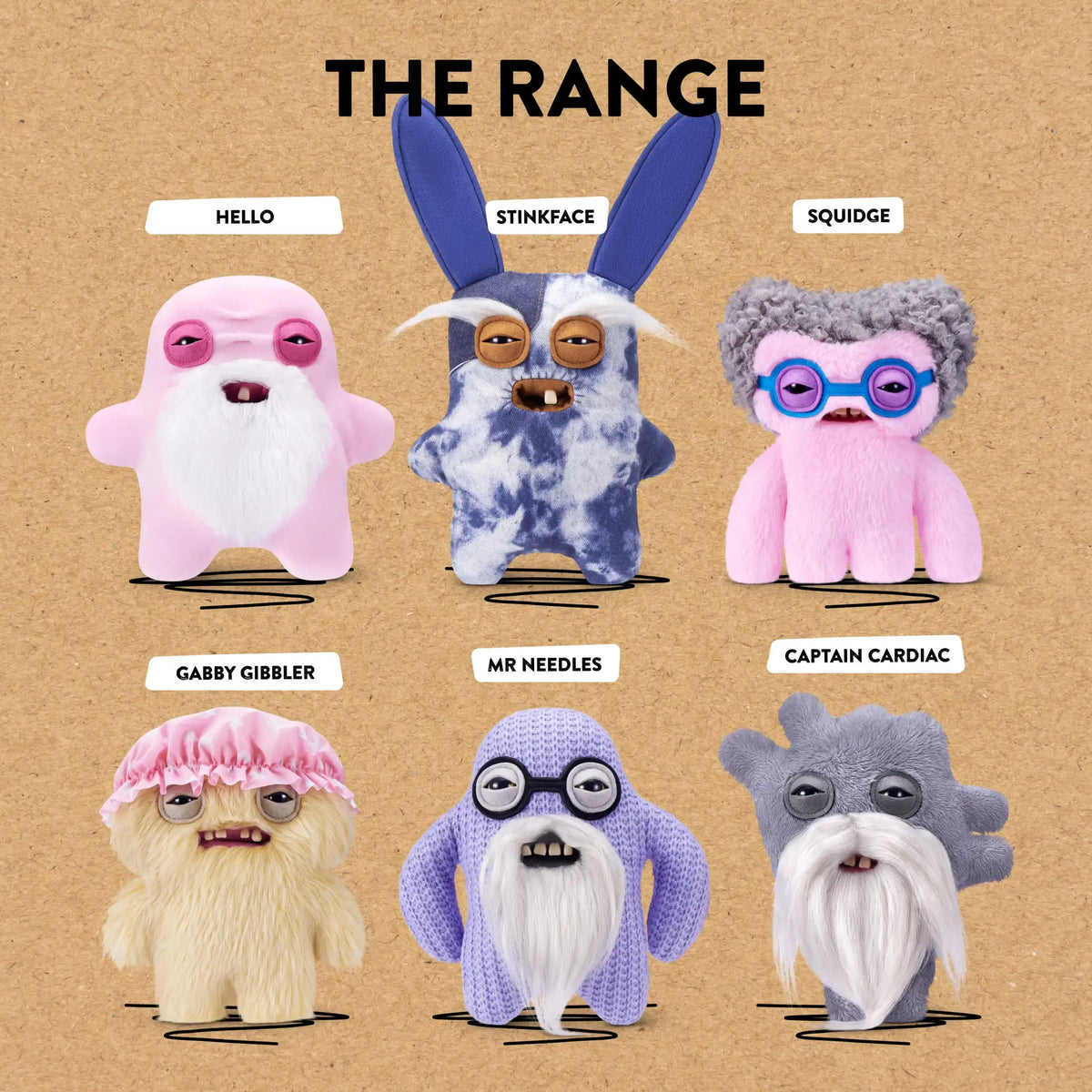 A collection of nine plush monster toys including Hello, Stinkface, Squidge, Gabby Gibbler, Mr. Needles, and Captain Cardiac.