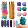 A collection of 3D printed sensory fidget rollers in various colors and finishes, including a gold cylinder and several keych