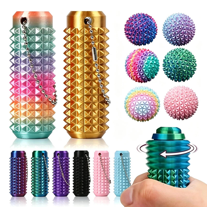 A collection of 3D printed sensory fidget rollers in various colors and finishes, including a gold cylinder and several keych