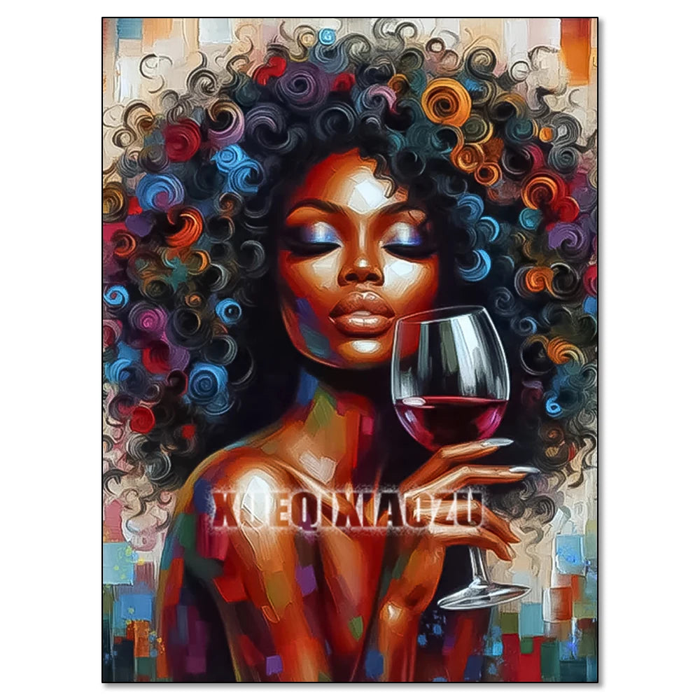 A vibrant painting of an African woman with curly hair holding a glass of red wine.