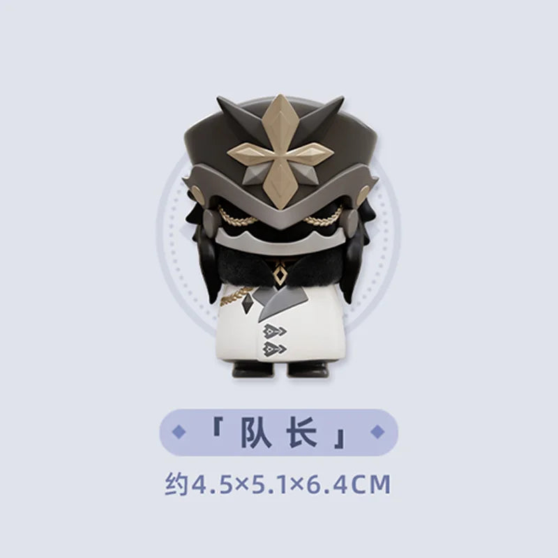 A chibi figurine of a Fatui Harbinger with a dark gray and white costume and elaborate headpiece.