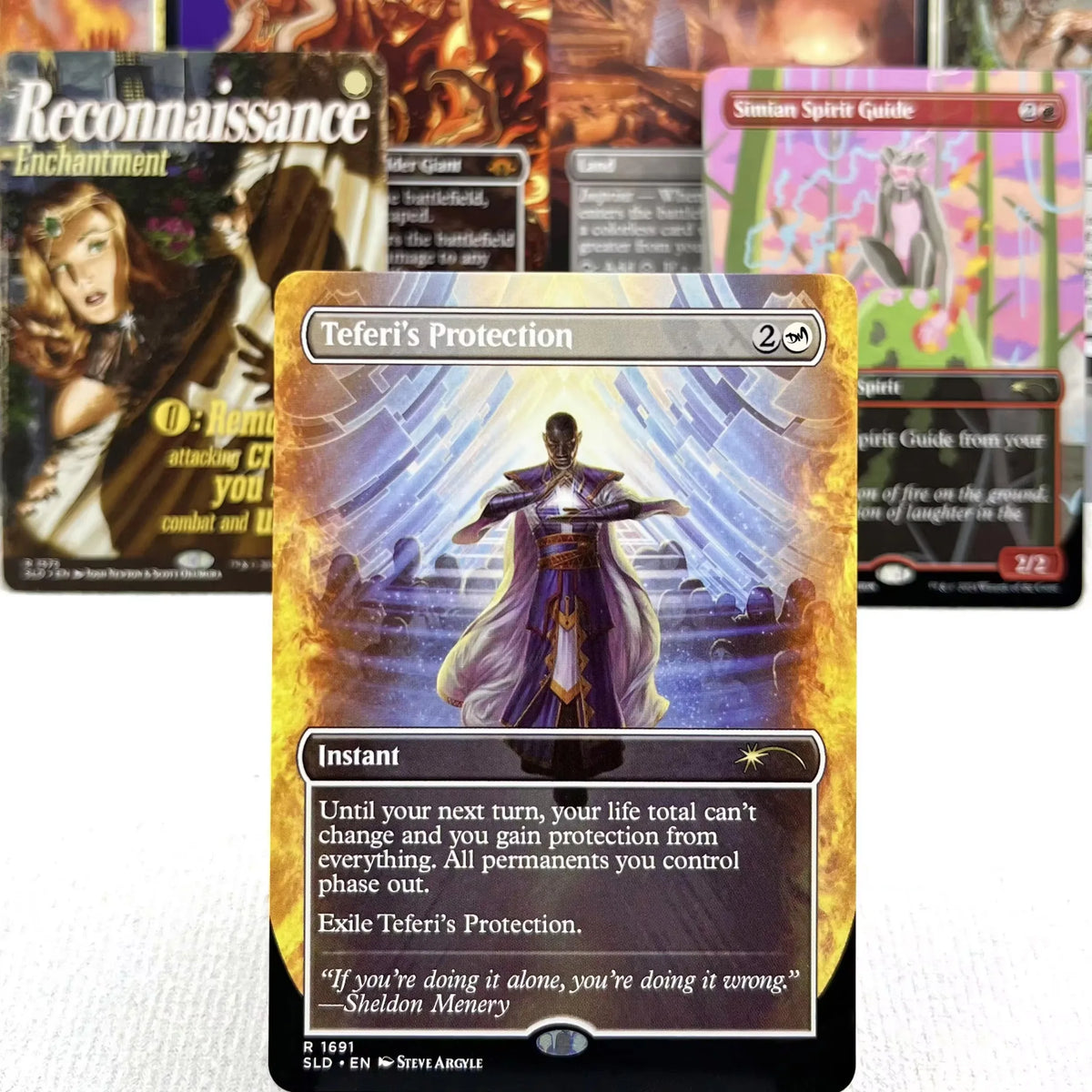 A Magic: The Gathering card named Teferi's Protection showing a figure in purple robes against an orange background.
