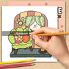 A hand holds an orange pencil over a coloring page featuring a cute, green, plush-like character.