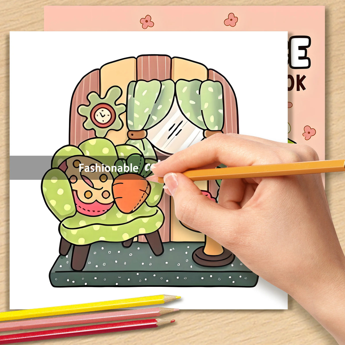 A hand holds an orange pencil over a coloring page featuring a cute, green, plush-like character.