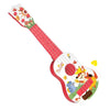 A wooden ukulele toy with a red body and colorful decorations, featuring a neck and soundhole.