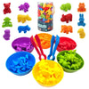 A set of colorful dinosaur toys in various colors and shapes for sorting and counting.