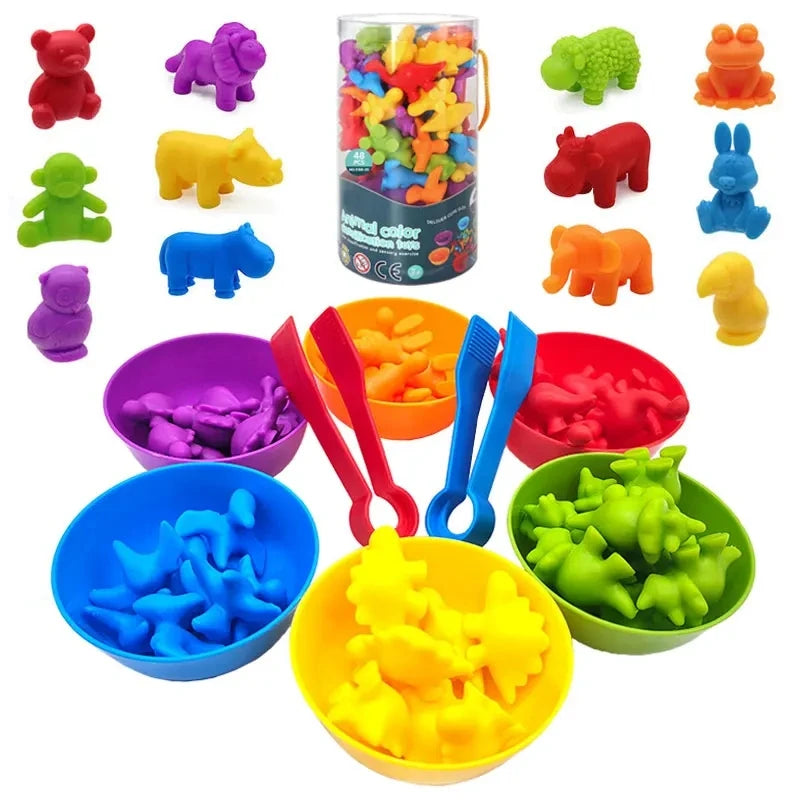 A set of colorful dinosaur toys in various colors and shapes for sorting and counting.