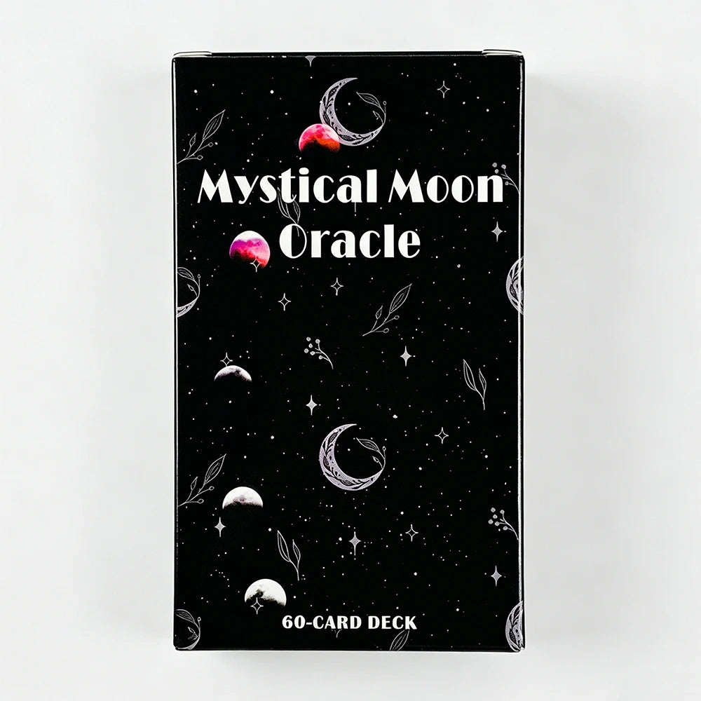 A black box featuring illustrations of moons and celestial elements for a Mystical Moon Oracle 60-card deck.