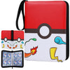 A red and black PU leather card binder with a zipper closure featuring a decorative belt design and various colorful illustra