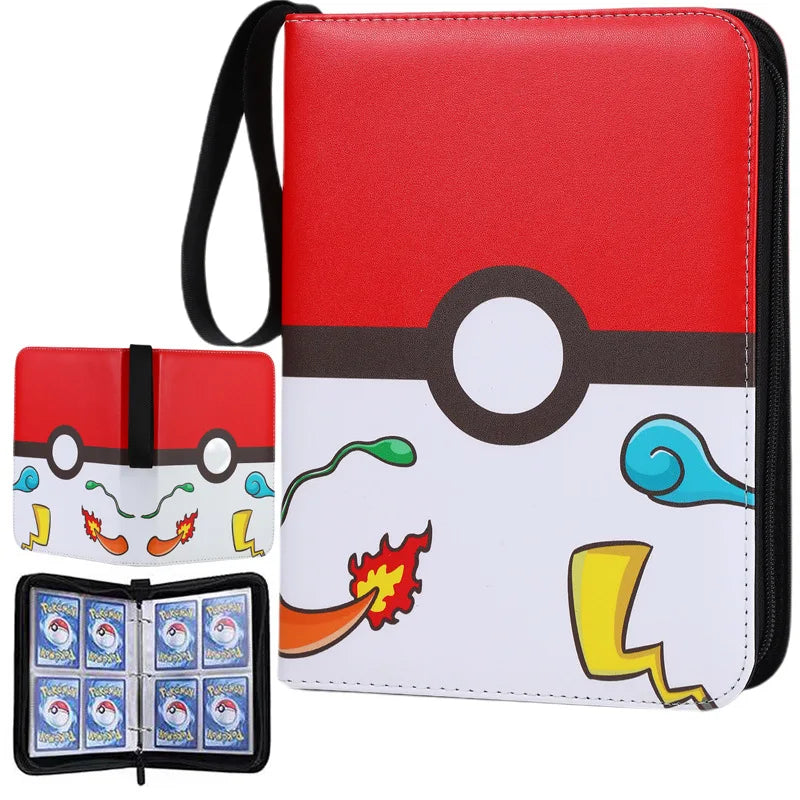 A red and black PU leather card binder with a zipper closure featuring a decorative belt design and various colorful illustra
