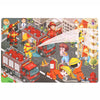 A 30-piece wooden jigsaw puzzle depicting various animals and vehicles, including firefighters and construction workers.