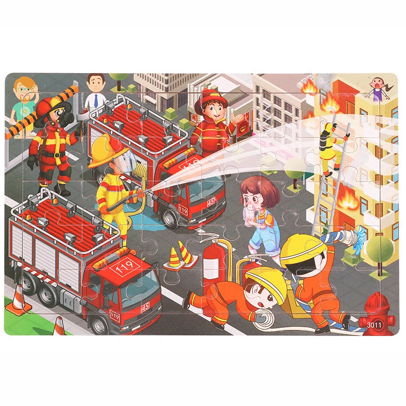 A 30-piece wooden jigsaw puzzle depicting various animals and vehicles, including firefighters and construction workers.