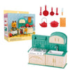 A dollhouse kitchen set featuring green cabinetry, a sink, stovetop, and various red cooking utensils.
