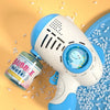 A white automatic bubble machine is shown next to a glass bottle of bubble water on a yellow background.