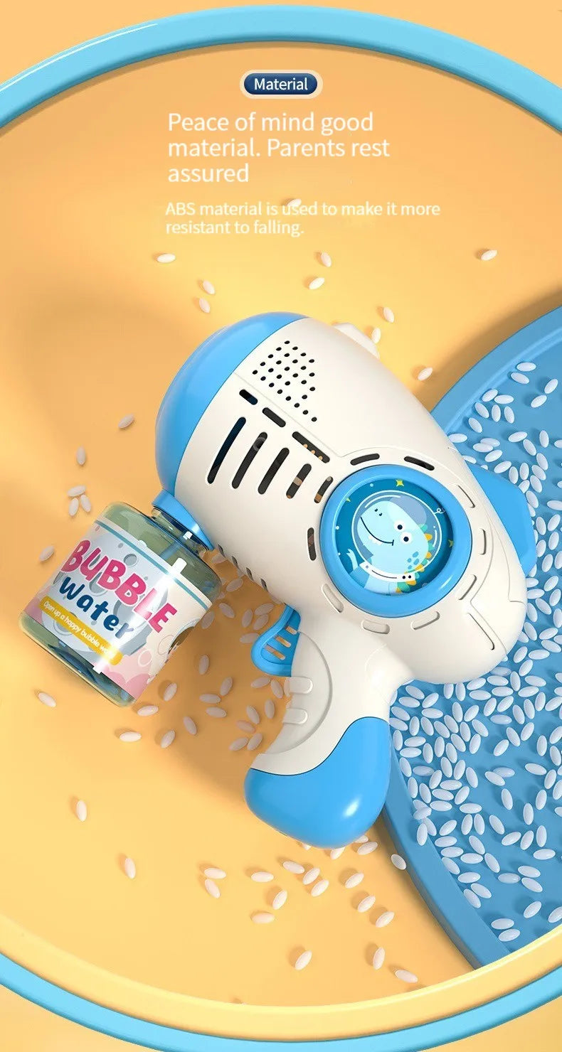 A white automatic bubble machine is shown next to a glass bottle of bubble water on a yellow background.