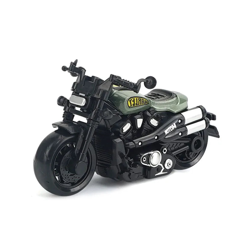 A black vintage-style pull-back motorcycle toy car with a green tank and chrome accents.