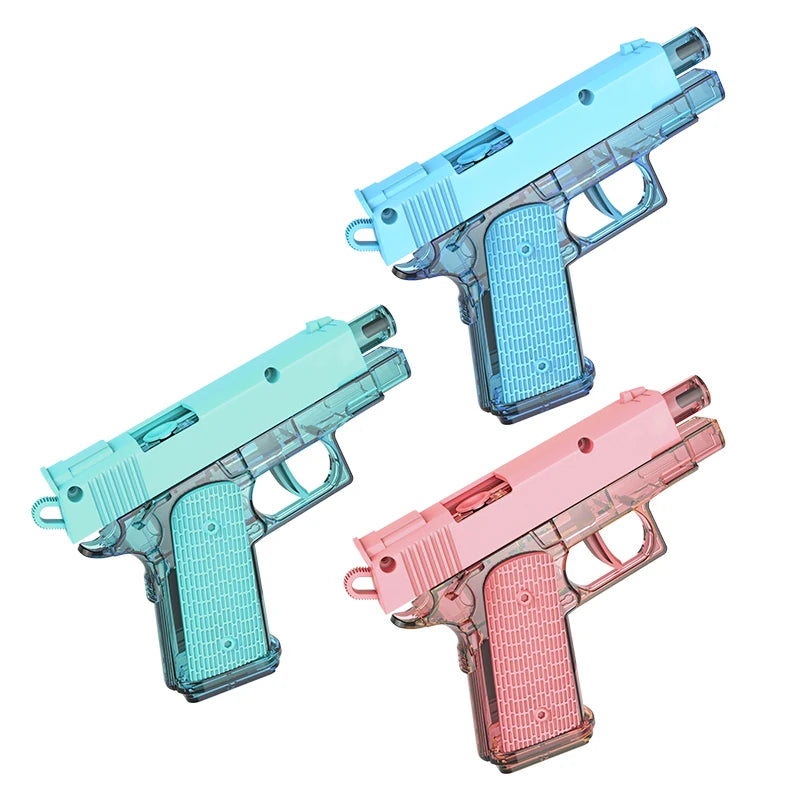 A collection of three plastic pistol water guns in blue, teal, and pink colors.