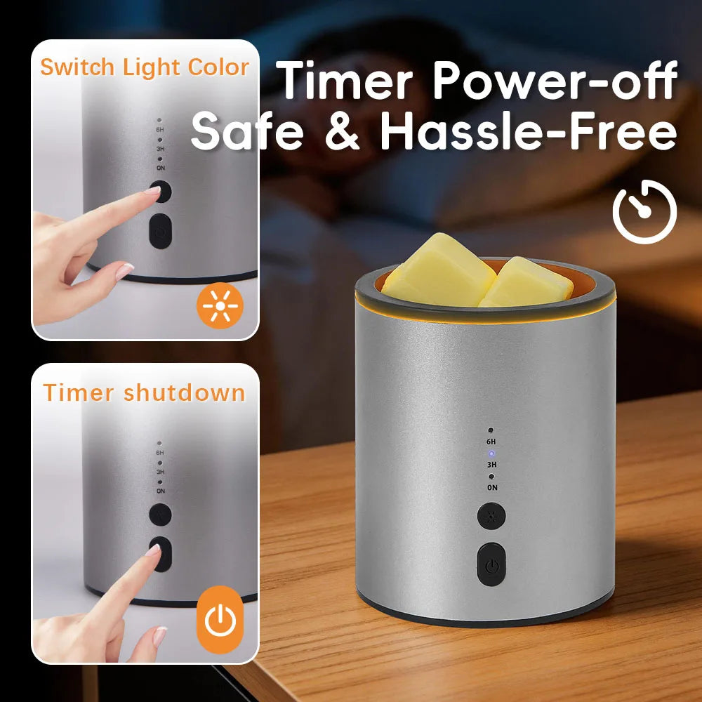 A silver electric wax melt heater is shown with features for light color switching and timer power-off.