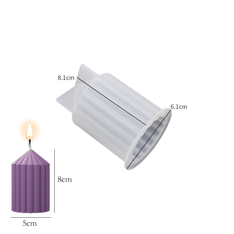 A white 3D silicone mold for candles and soap with a striped design shown next to a purple candle.