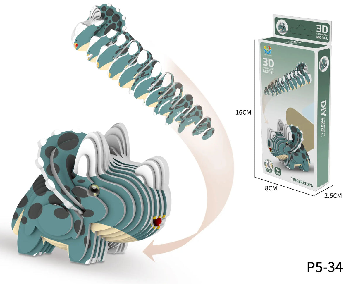 A 3D model puzzle set of a dinosaur and an ocean creature, showing the assembled model and packaging details.