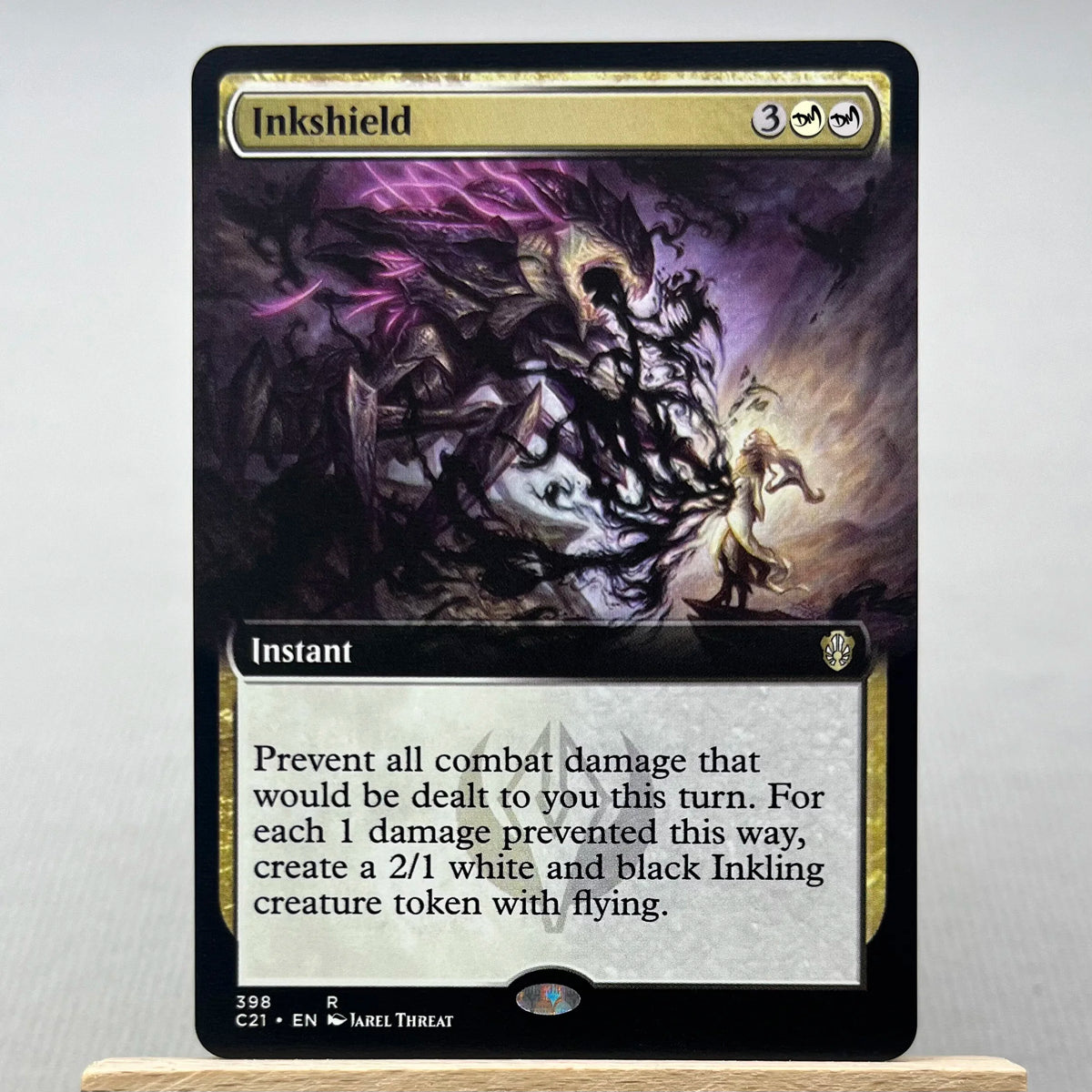 A Magic: The Gathering card named Inkshield showing a dark, shadowy creature and text describing preventing combat damage.