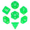 A set of seven translucent green polyhedral dice, including a d6, d8, d10, d12, and d20.