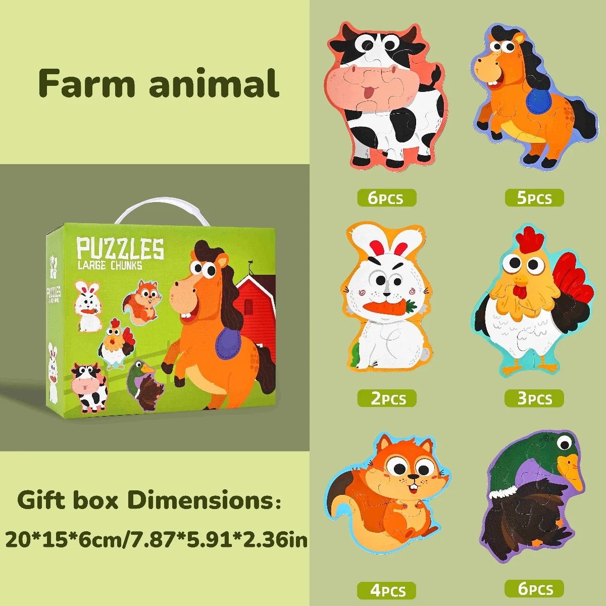 A gift box containing various farm animals and characters in puzzle form for kids