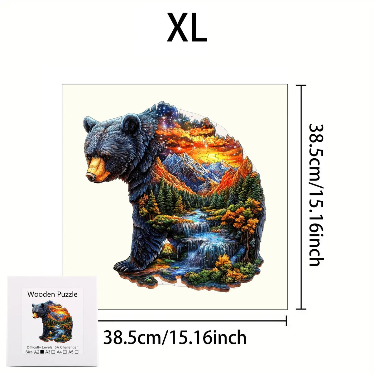 An XL wooden jigsaw puzzle depicting a bear in a forest landscape.