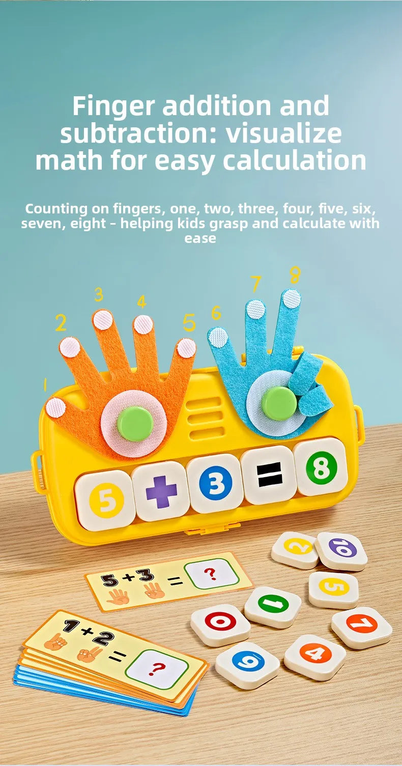A yellow toy demonstrating finger addition and subtraction using colorful manipulative blocks and fingers.