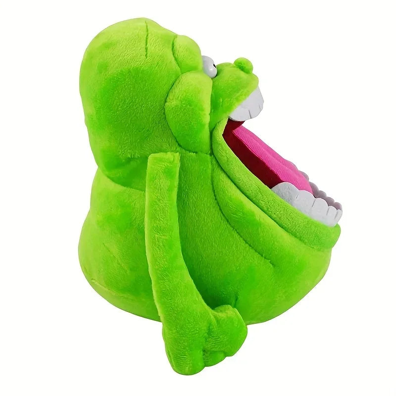 A bright lime green plush toy shaped like a ghost with an open mouth showing pink and white interior details.