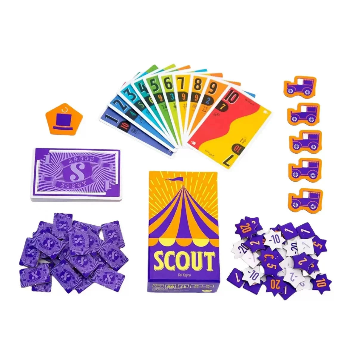 A collection of colorful cards and purple game pieces for a Scout Card Game for Parties.