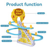 A yellow and blue interactive climbing duck race track with a circular track, automatic stairs, and colorful lights.