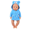 A cute cartoon animal bathrobe and nightgown set for a doll, colored bright blue.