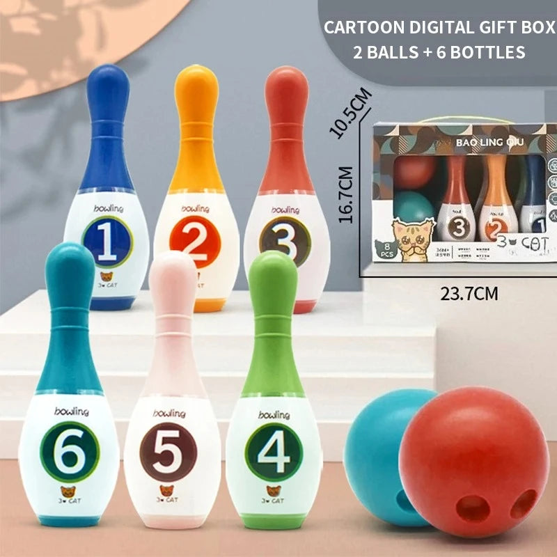A soft foam bowling set for kids featuring numbered and animal-themed bowling pins and balls.