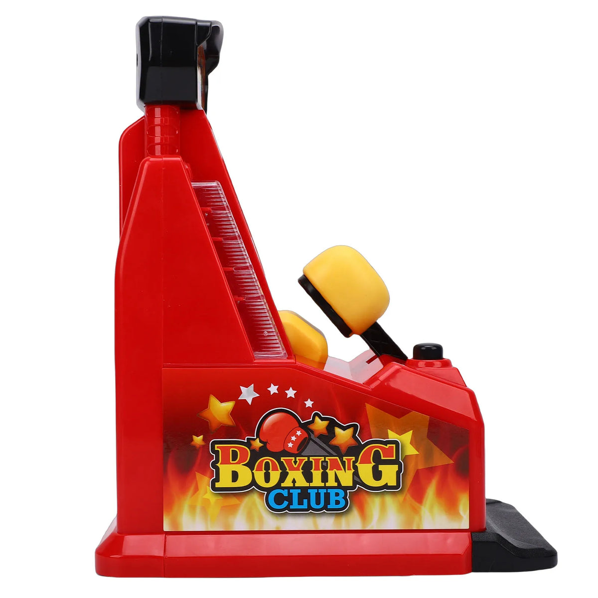 A red interactive finger boxing machine with a black handle and yellow boxing glove accessory.