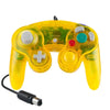 A yellow wired game controller for the Nintendo GameCube console.