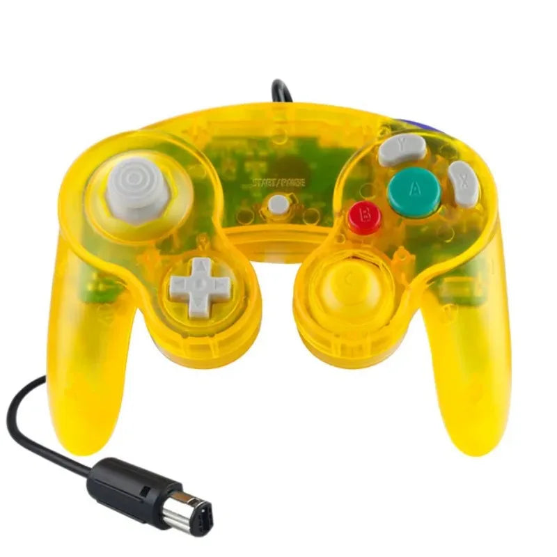A yellow wired game controller for the Nintendo GameCube console.