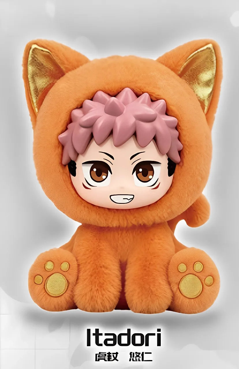 An orange cat-shaped plush pendant featuring a character with pink hair and facial markings.