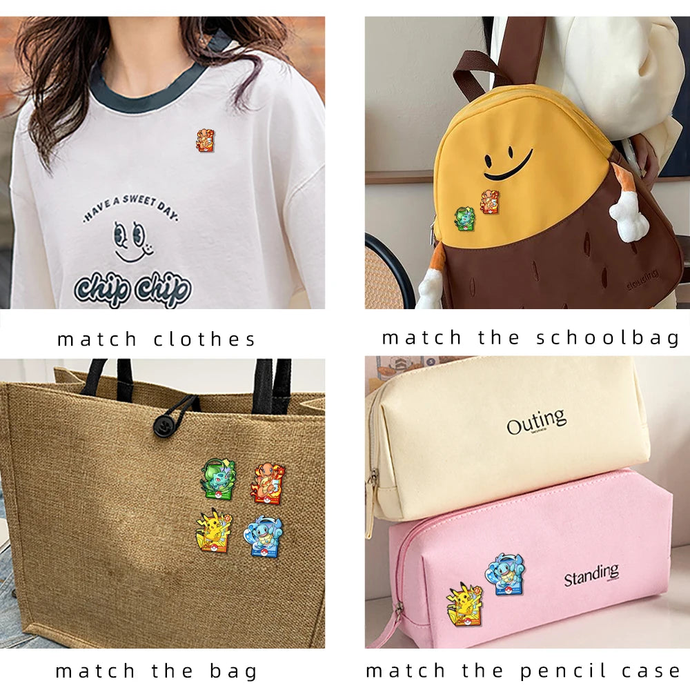A set of four cute enamel pins featuring cartoon characters for matching clothes, bags, and pencil cases.