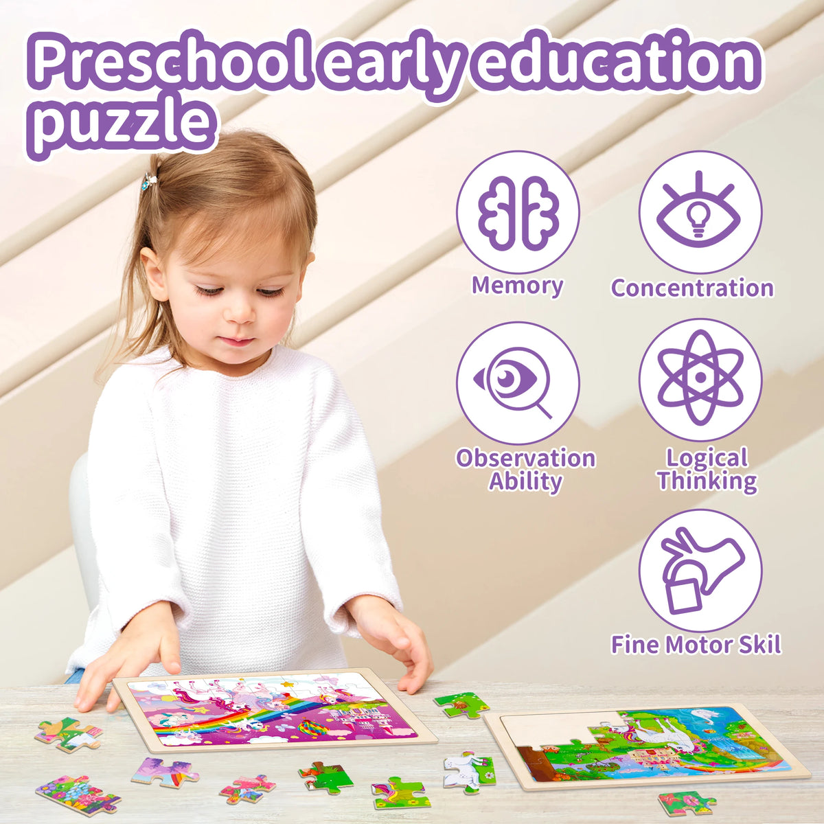 A young girl is playing with wooden jigsaw puzzles for early education skills like memory and concentration.