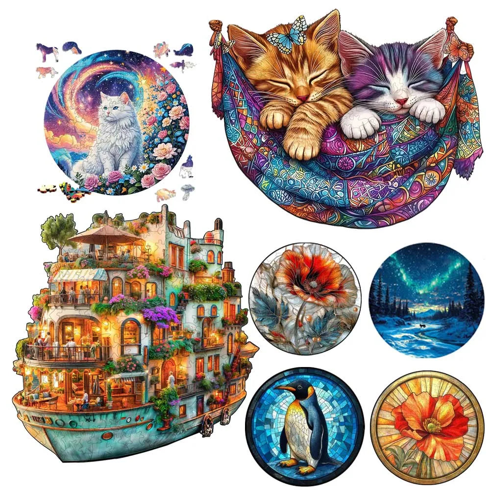 Set of three circular wooden puzzles featuring a cat, a boat, and a penguin.