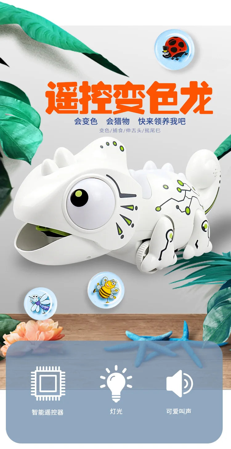 White remote control chameleon toy featuring light, sound, and predator mode functions