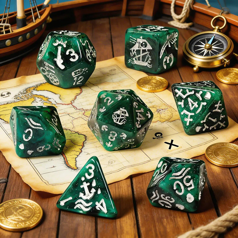 A set of seven green and black resin polyhedral dice scattered on a map and wooden surface.