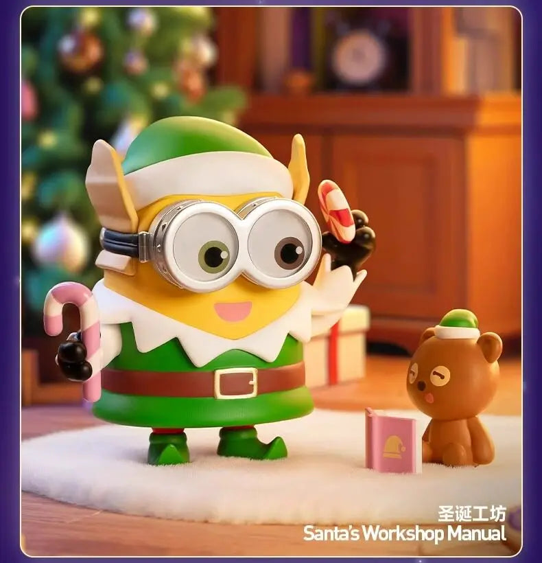 A green Minion collectible figure wearing a white shirt and brown belt, standing on a white surface.