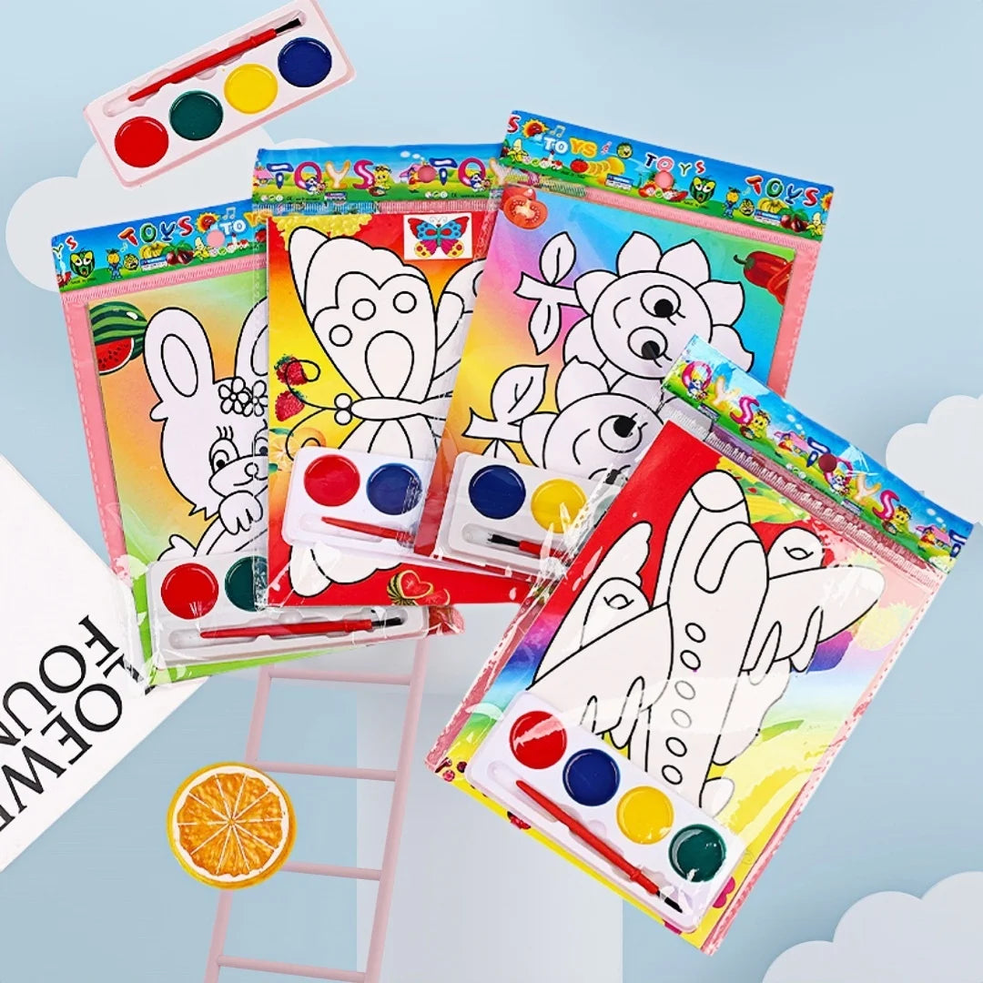 A colorful DIY cartoon coloring painting kit for kids featuring various paints and paper sheets.